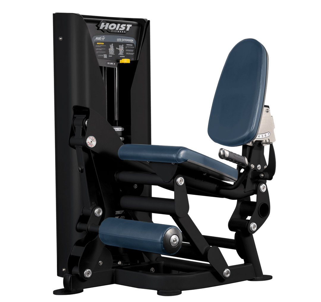 Hoist leg extension machine with adjustable seat, padded leg rollers, and weight stack system for quadriceps strengthening exercises