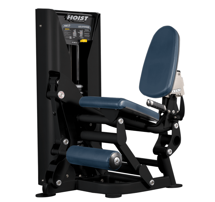 Hoist leg extension machine with adjustable seat, padded leg rollers, and weight stack system for quadriceps strengthening exercises