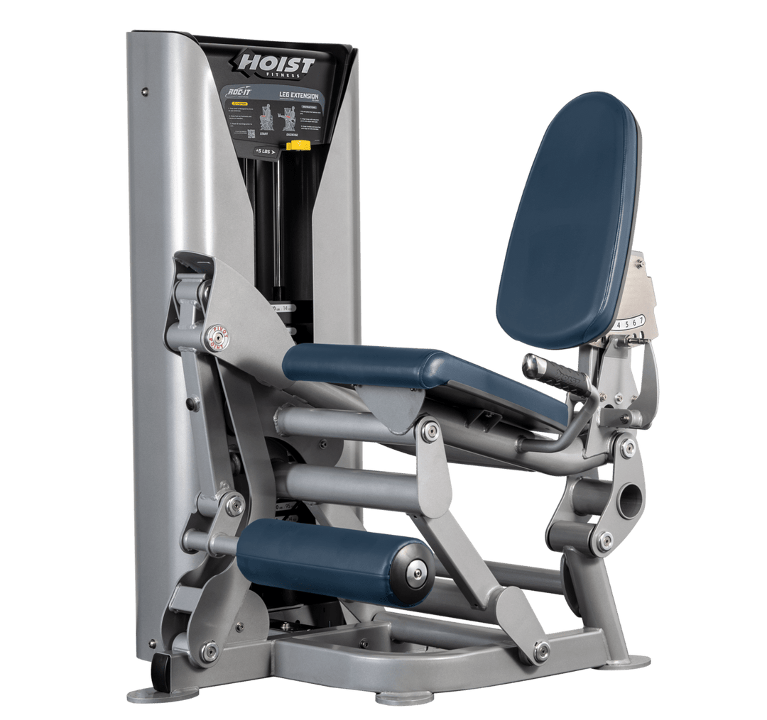 Hoist leg extension machine with adjustable seat, padded leg rollers, and weight stack system for quadriceps strengthening exercises