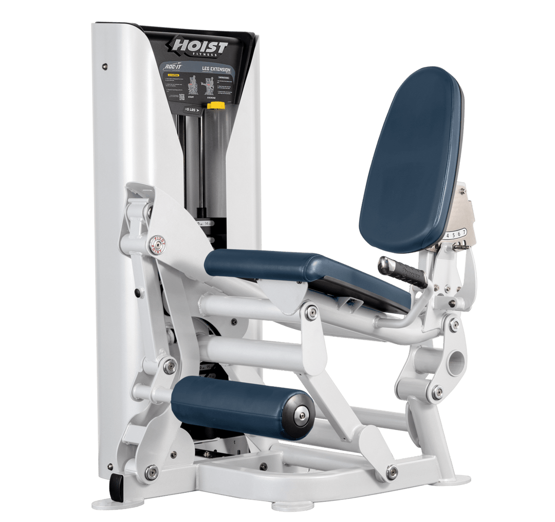Hoist leg extension machine with adjustable seat, padded leg rollers, and weight stack system for quadriceps strengthening exercises