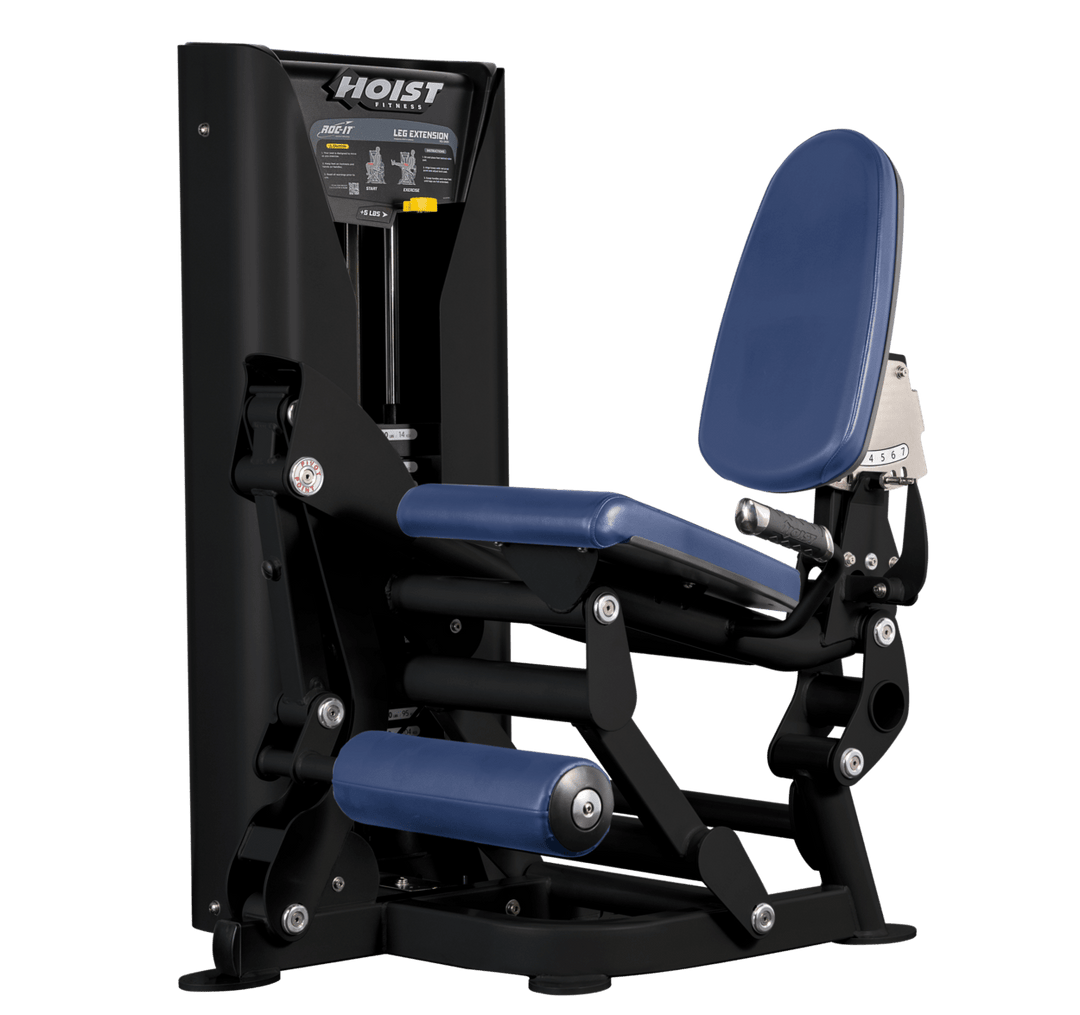Hoist leg extension machine with adjustable seat, padded leg rollers, and weight stack system for quadriceps strengthening exercises
