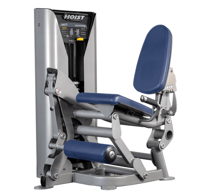 Hoist leg extension machine with adjustable seat, padded leg rollers, and weight stack system for quadriceps strengthening exercises