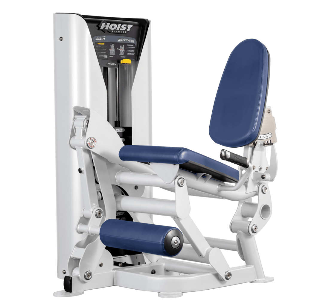 Hoist leg extension machine with adjustable seat, padded leg rollers, and weight stack system for quadriceps strengthening exercises