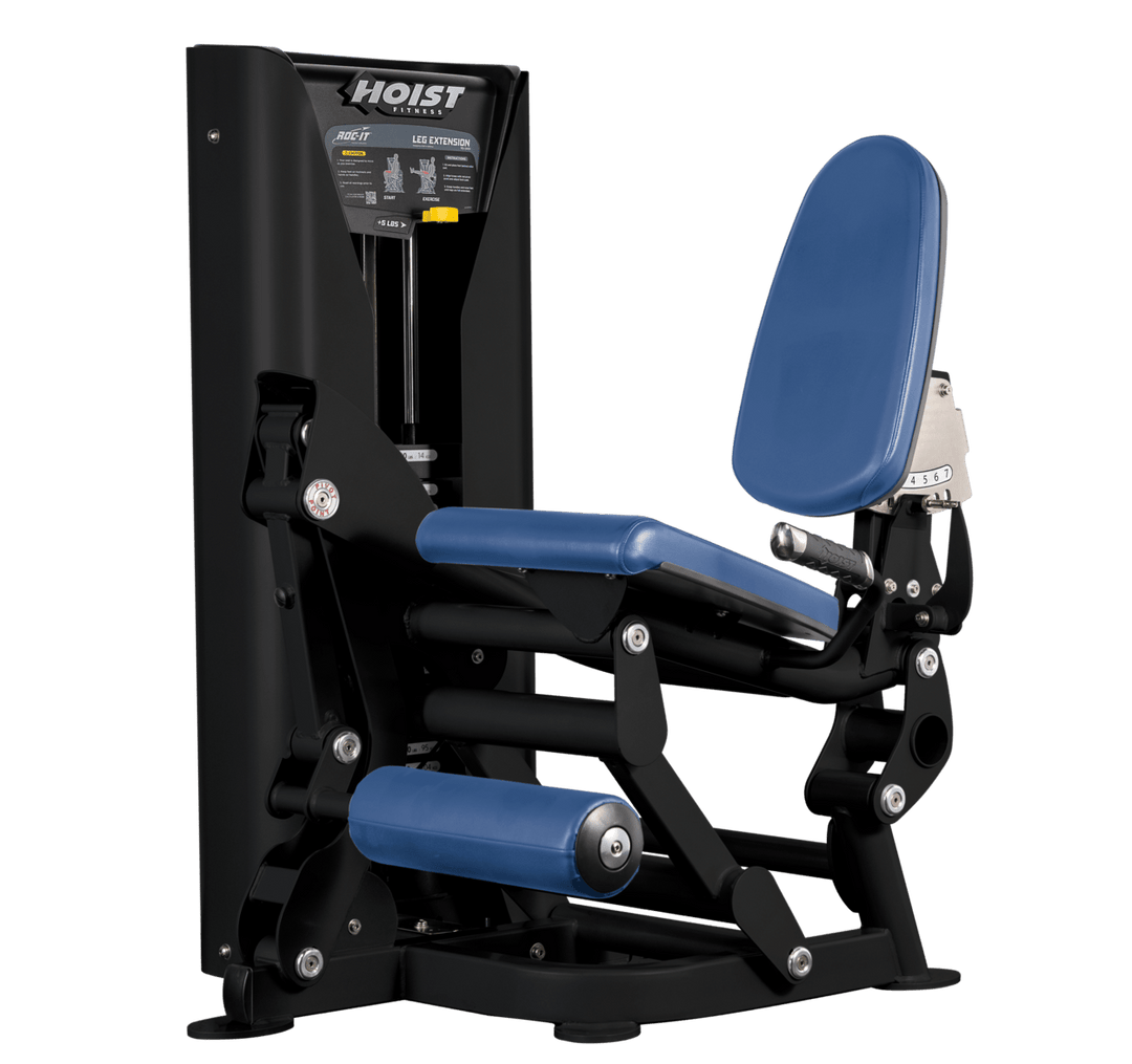 Hoist leg extension machine with adjustable seat, padded leg rollers, and weight stack system for quadriceps strengthening exercises