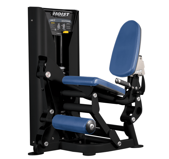 Hoist leg extension machine with adjustable seat, padded leg rollers, and weight stack system for quadriceps strengthening exercises