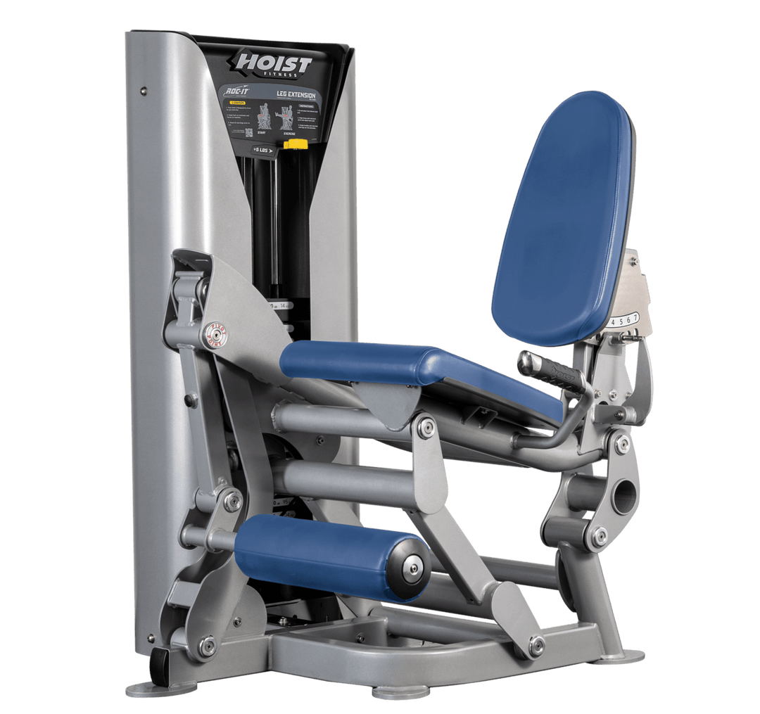 Hoist leg extension machine with adjustable seat, padded leg rollers, and weight stack system for quadriceps strengthening exercises