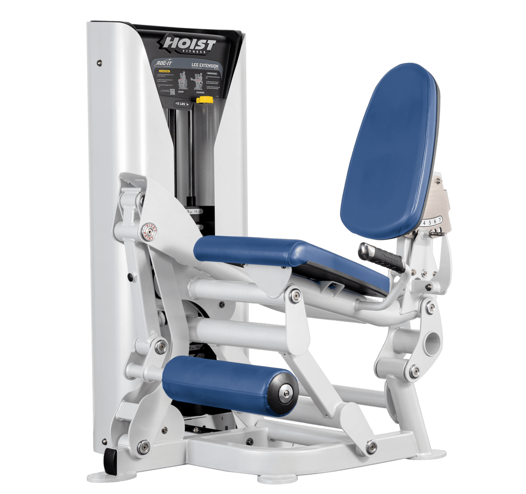 Hoist leg extension machine with adjustable seat, padded leg rollers, and weight stack system for quadriceps strengthening exercises
