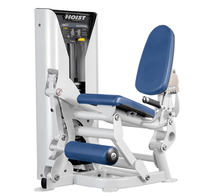 Hoist leg extension machine with adjustable seat, padded leg rollers, and weight stack system for quadriceps strengthening exercises