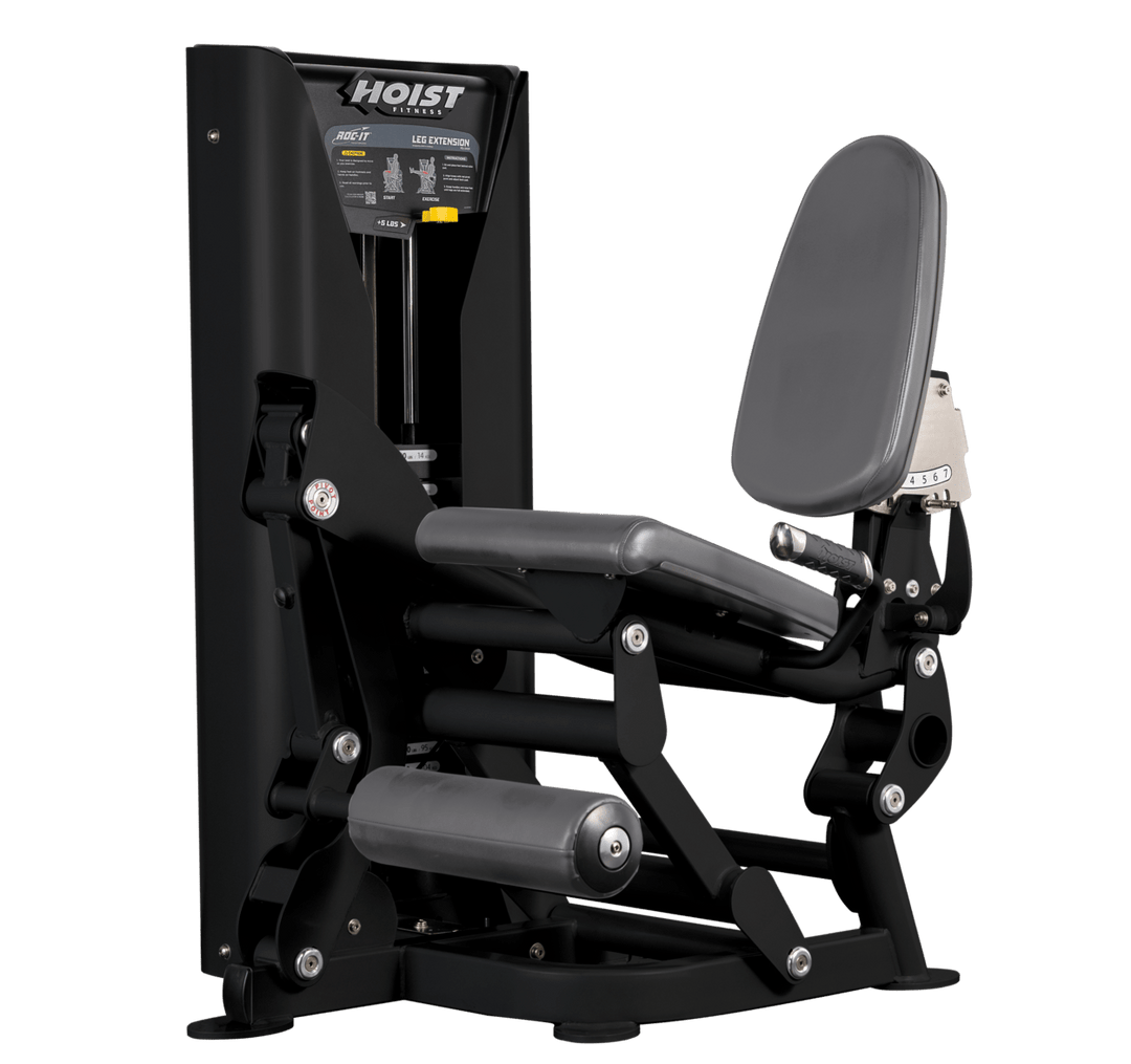 Hoist leg extension machine with adjustable seat, padded leg rollers, and weight stack system for quadriceps strengthening exercises