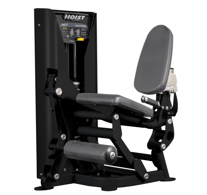 Hoist leg extension machine with adjustable seat, padded leg rollers, and weight stack system for quadriceps strengthening exercises
