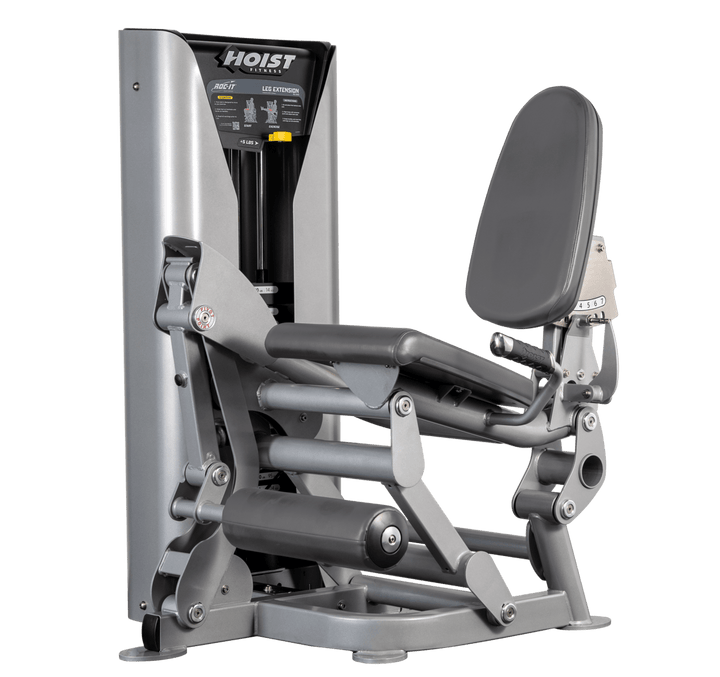 Hoist leg extension machine with adjustable seat, padded leg rollers, and weight stack system for quadriceps strengthening exercises