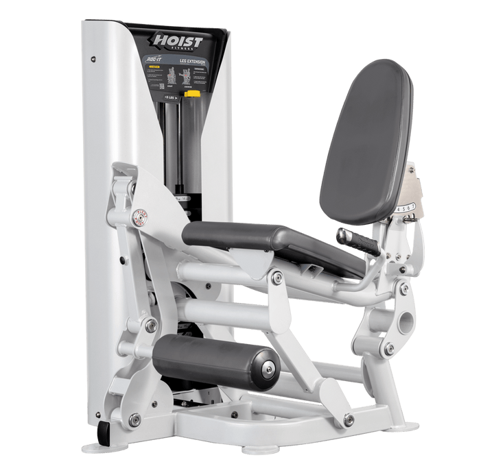 Hoist leg extension machine with adjustable seat, padded leg rollers, and weight stack system for quadriceps strengthening exercises
