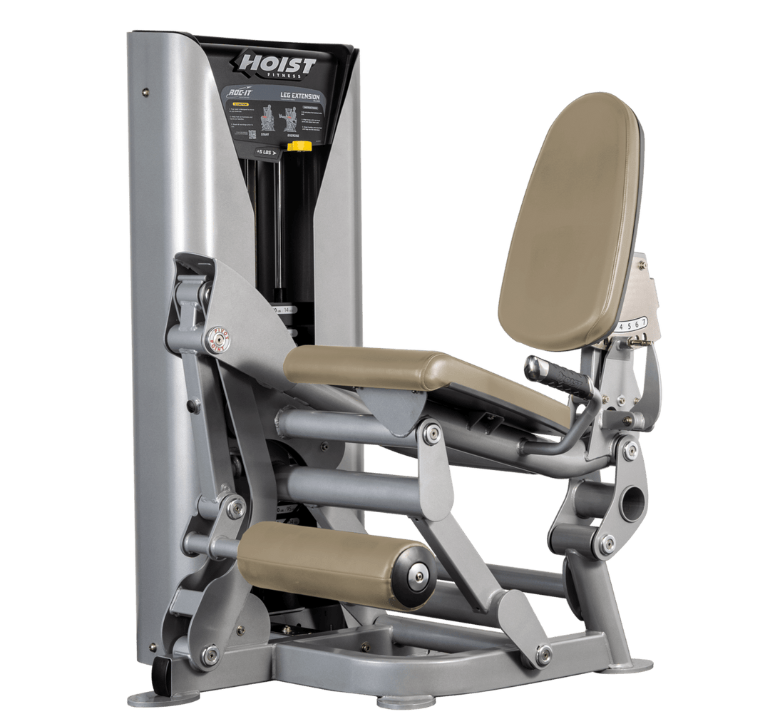 Hoist leg extension machine with adjustable seat, padded leg rollers, and weight stack system for quadriceps strengthening exercises
