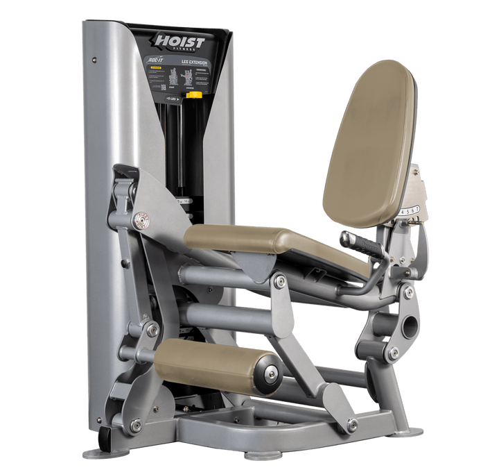 Hoist leg extension machine with adjustable seat, padded leg rollers, and weight stack system for quadriceps strengthening exercises