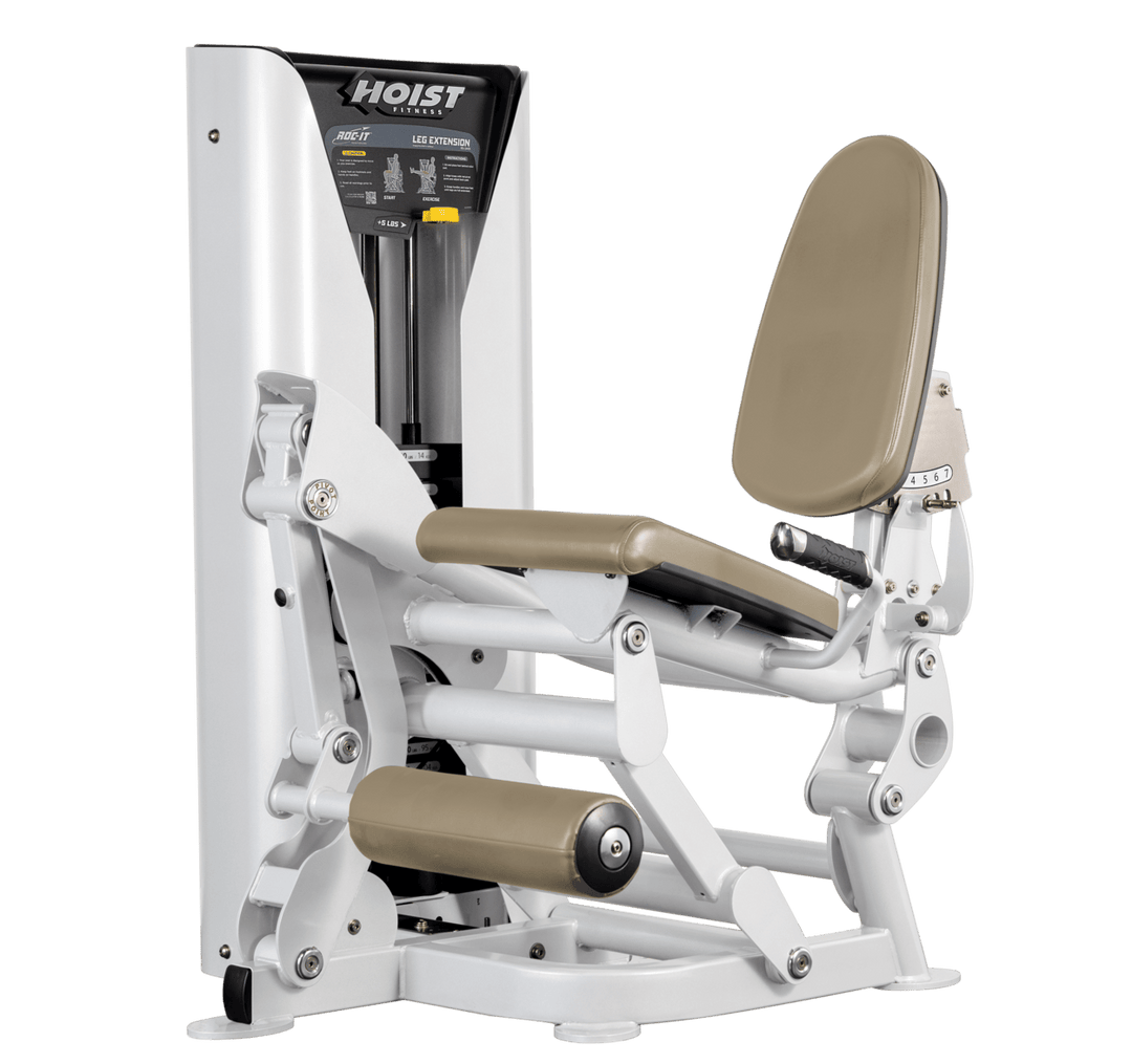 Hoist leg extension machine with adjustable seat, padded leg rollers, and weight stack system for quadriceps strengthening exercises