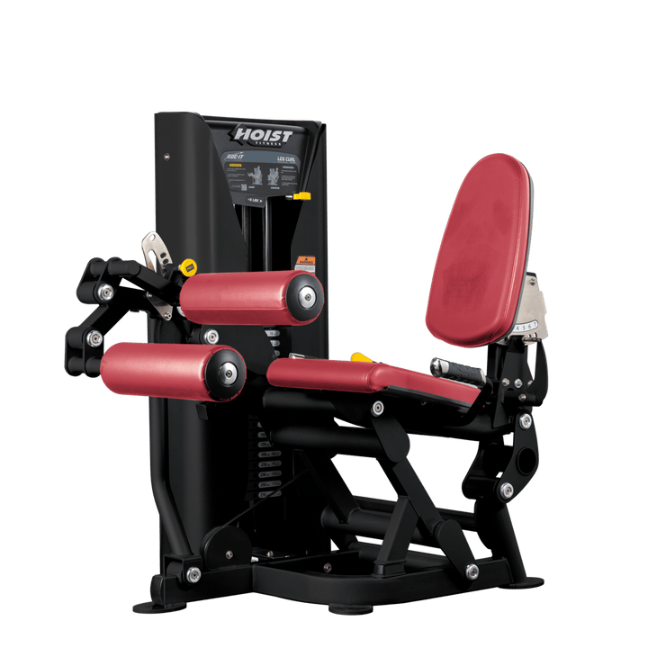 Hoist leg press machine with adjustable seat, padded leg rollers, and selectorized weight stack for lower body strength training