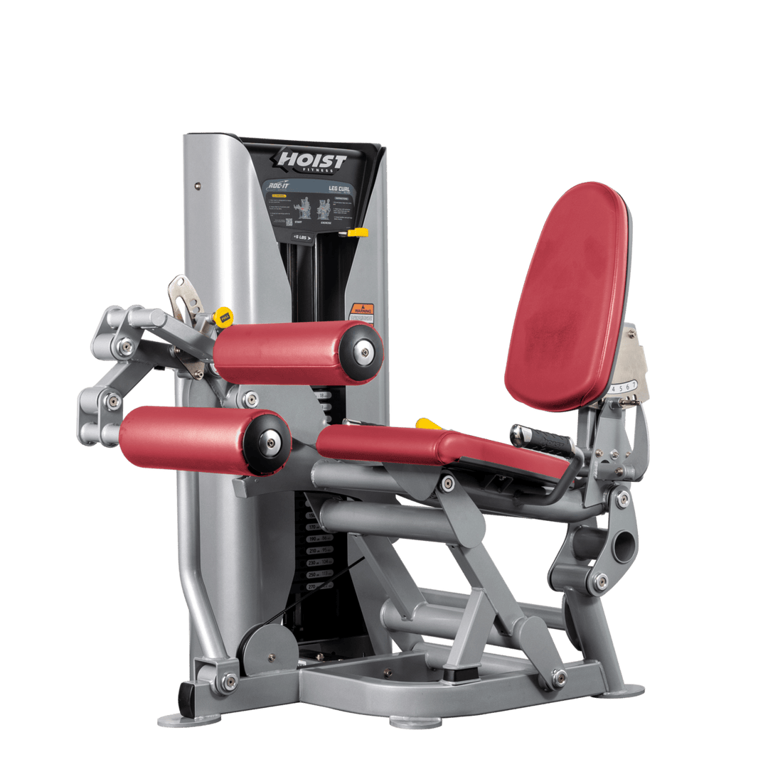 Hoist leg press machine with adjustable seat, padded leg rollers, and selectorized weight stack for lower body strength training