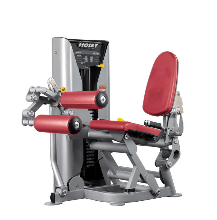 Hoist leg press machine with adjustable seat, padded leg rollers, and selectorized weight stack for lower body strength training