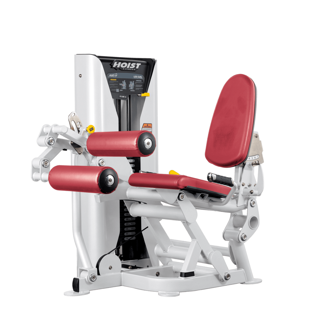 Hoist leg press machine with adjustable seat, padded leg rollers, and selectorized weight stack for lower body strength training
