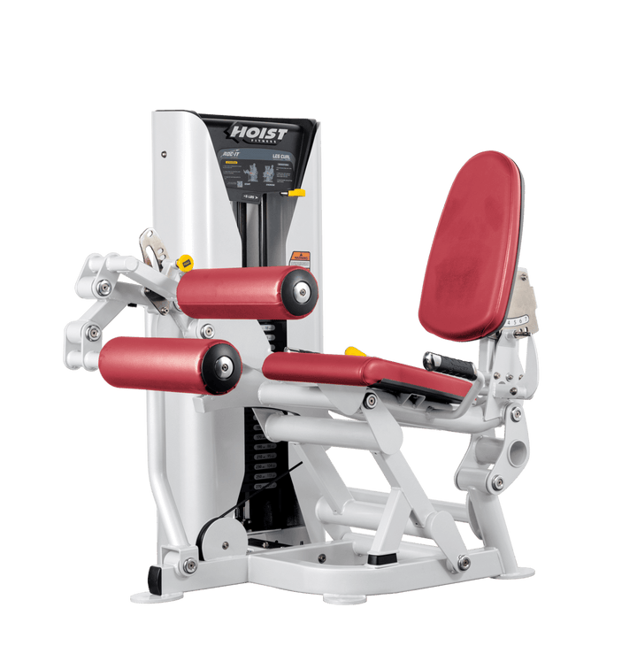 Hoist leg press machine with adjustable seat, padded leg rollers, and selectorized weight stack for lower body strength training
