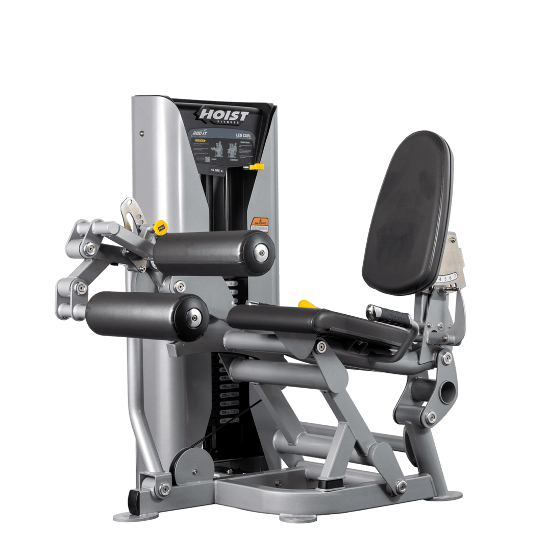 Hoist leg press machine with adjustable seat, padded leg rollers, and selectorized weight stack for lower body strength training