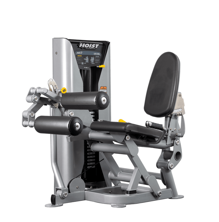 Hoist leg press machine with adjustable seat, padded leg rollers, and selectorized weight stack for lower body strength training