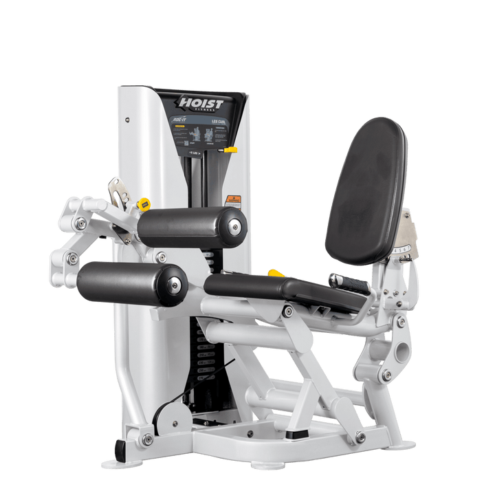 Hoist leg press machine with adjustable seat, padded leg rollers, and selectorized weight stack for lower body strength training