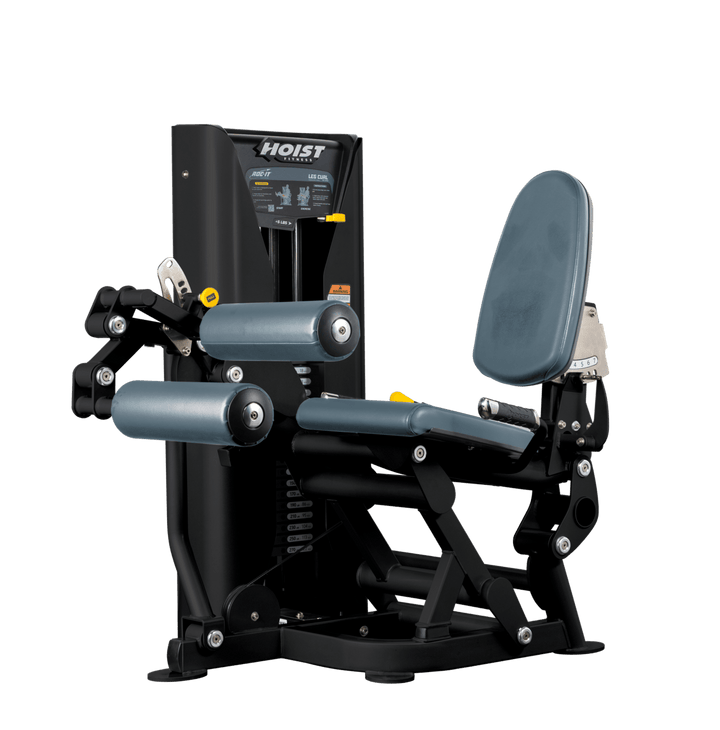 Hoist leg press machine with adjustable seat, padded leg rollers, and selectorized weight stack for lower body strength training