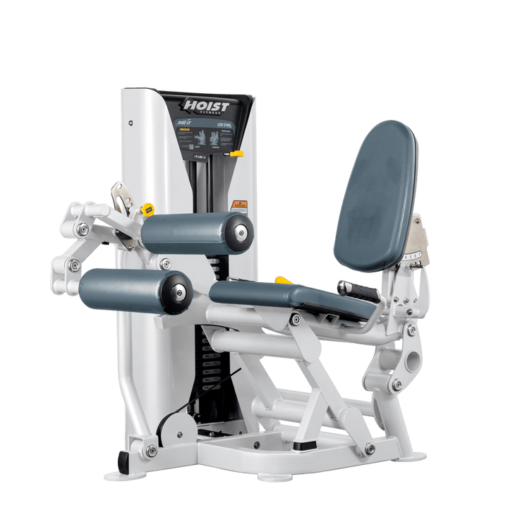 Hoist leg press machine with adjustable seat, padded leg rollers, and selectorized weight stack for lower body strength training