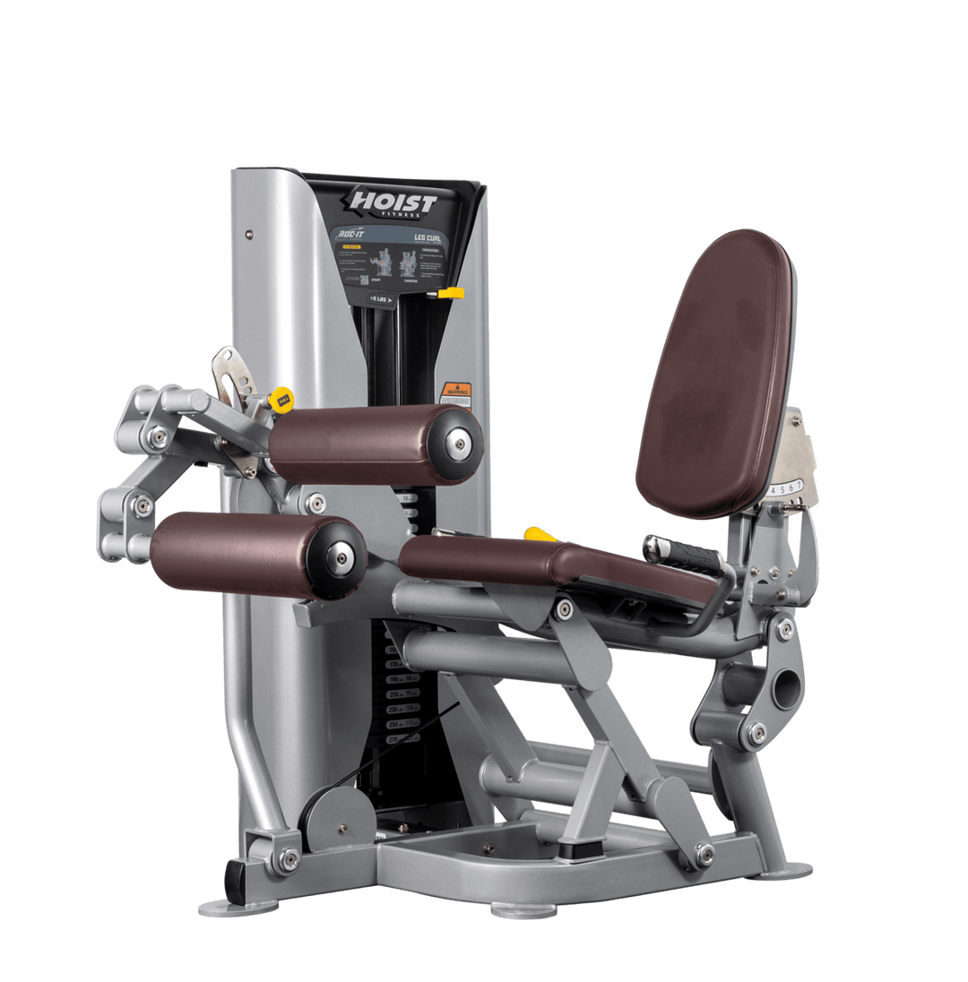 Hoist leg press machine with adjustable seat, padded leg rollers, and selectorized weight stack for lower body strength training