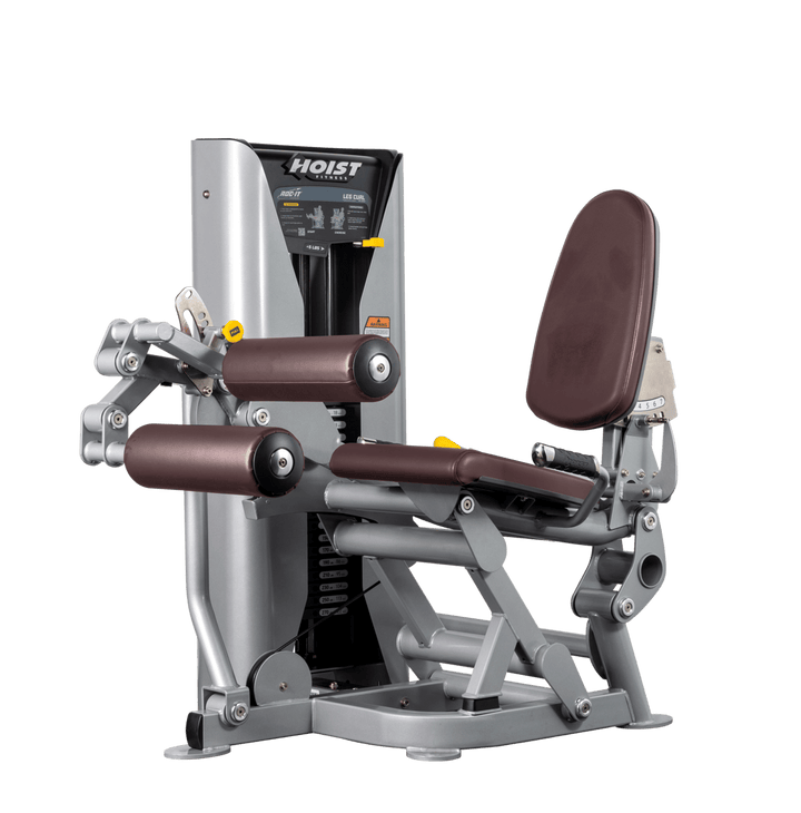 Hoist leg press machine with adjustable seat, padded leg rollers, and selectorized weight stack for lower body strength training