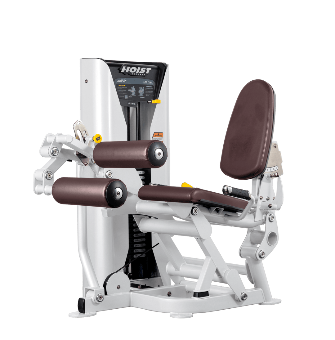 Hoist leg press machine with adjustable seat, padded leg rollers, and selectorized weight stack for lower body strength training