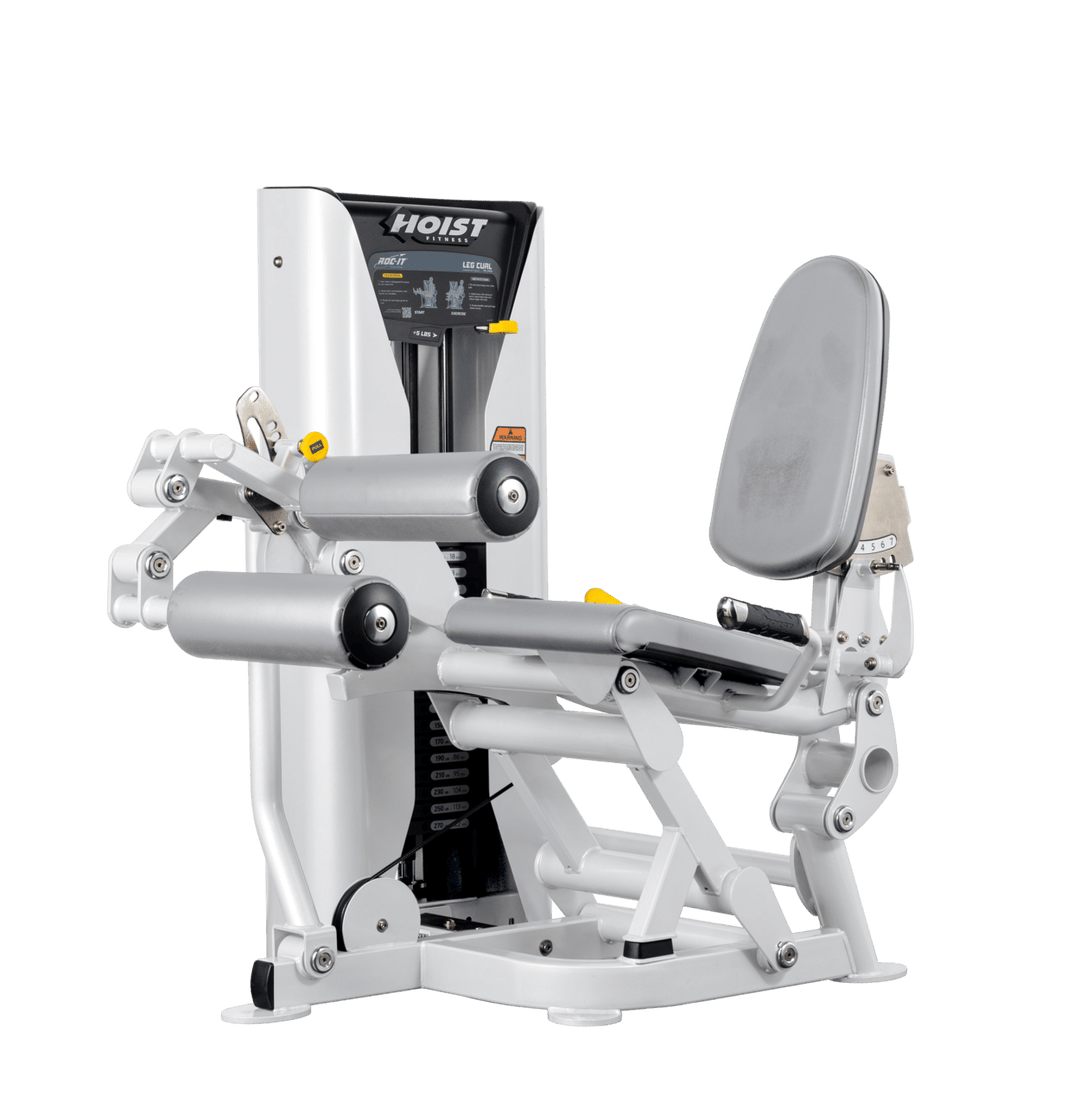 Hoist leg press machine with adjustable seat, padded leg rollers, and selectorized weight stack for lower body strength training