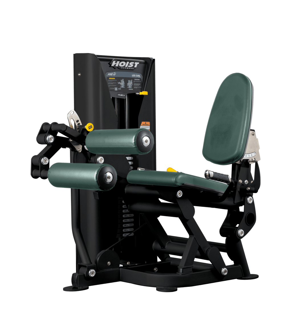 Hoist leg press machine with adjustable seat, padded leg rollers, and selectorized weight stack for lower body strength training