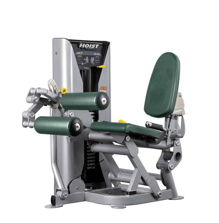 Hoist leg press machine with adjustable seat, padded leg rollers, and selectorized weight stack for lower body strength training