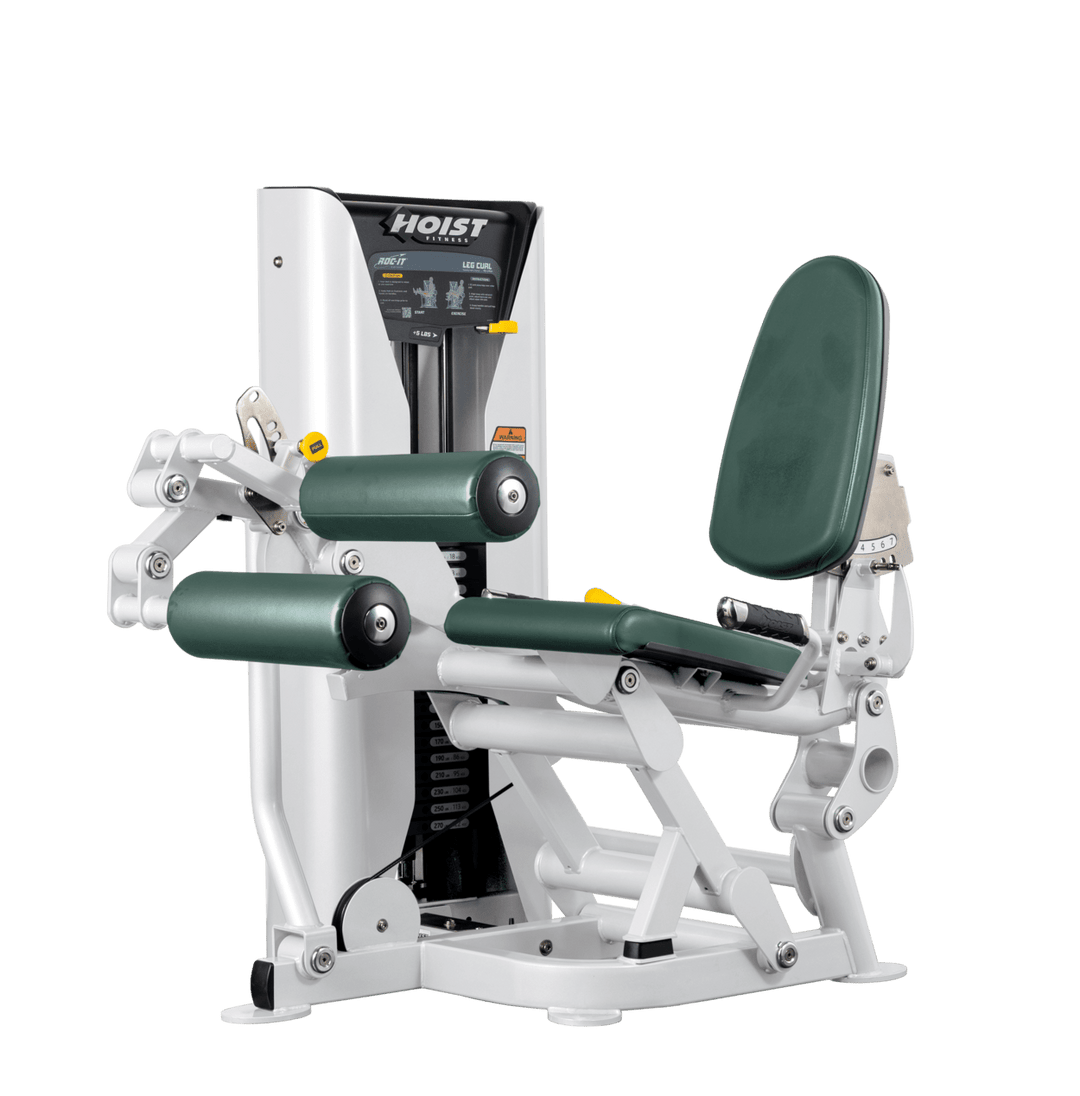 Hoist leg press machine with adjustable seat, padded leg rollers, and selectorized weight stack for lower body strength training