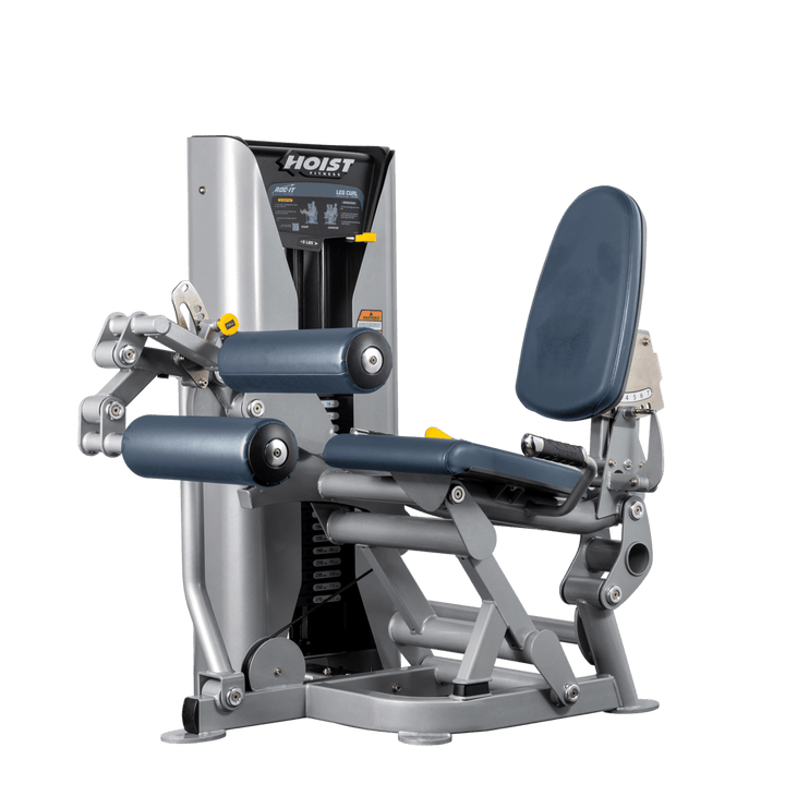 Hoist leg press machine with adjustable seat, padded leg rollers, and selectorized weight stack for lower body strength training