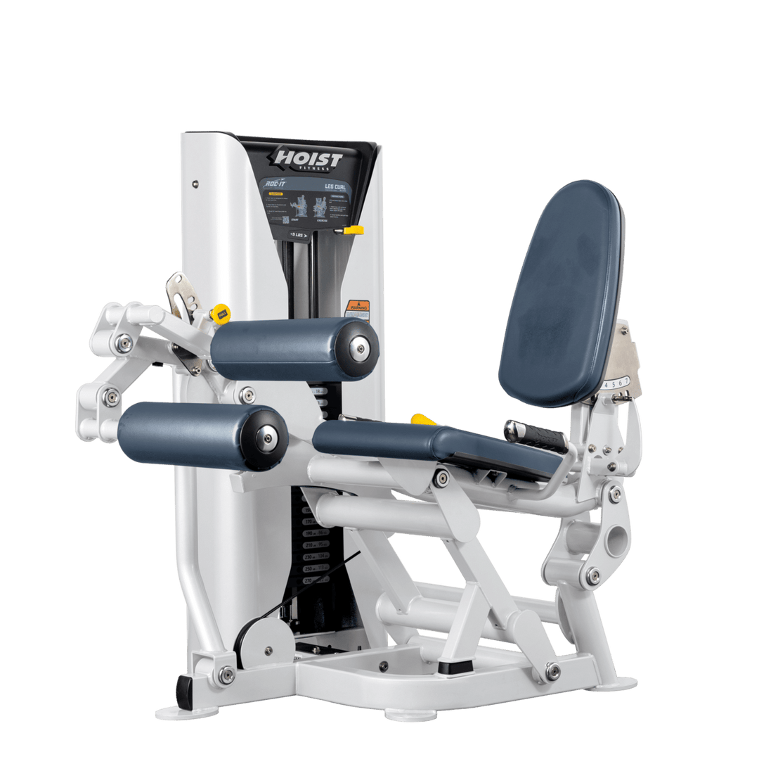 Hoist leg press machine with adjustable seat, padded leg rollers, and selectorized weight stack for lower body strength training