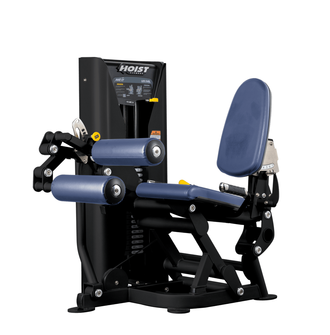Hoist leg press machine with adjustable seat, padded leg rollers, and selectorized weight stack for lower body strength training