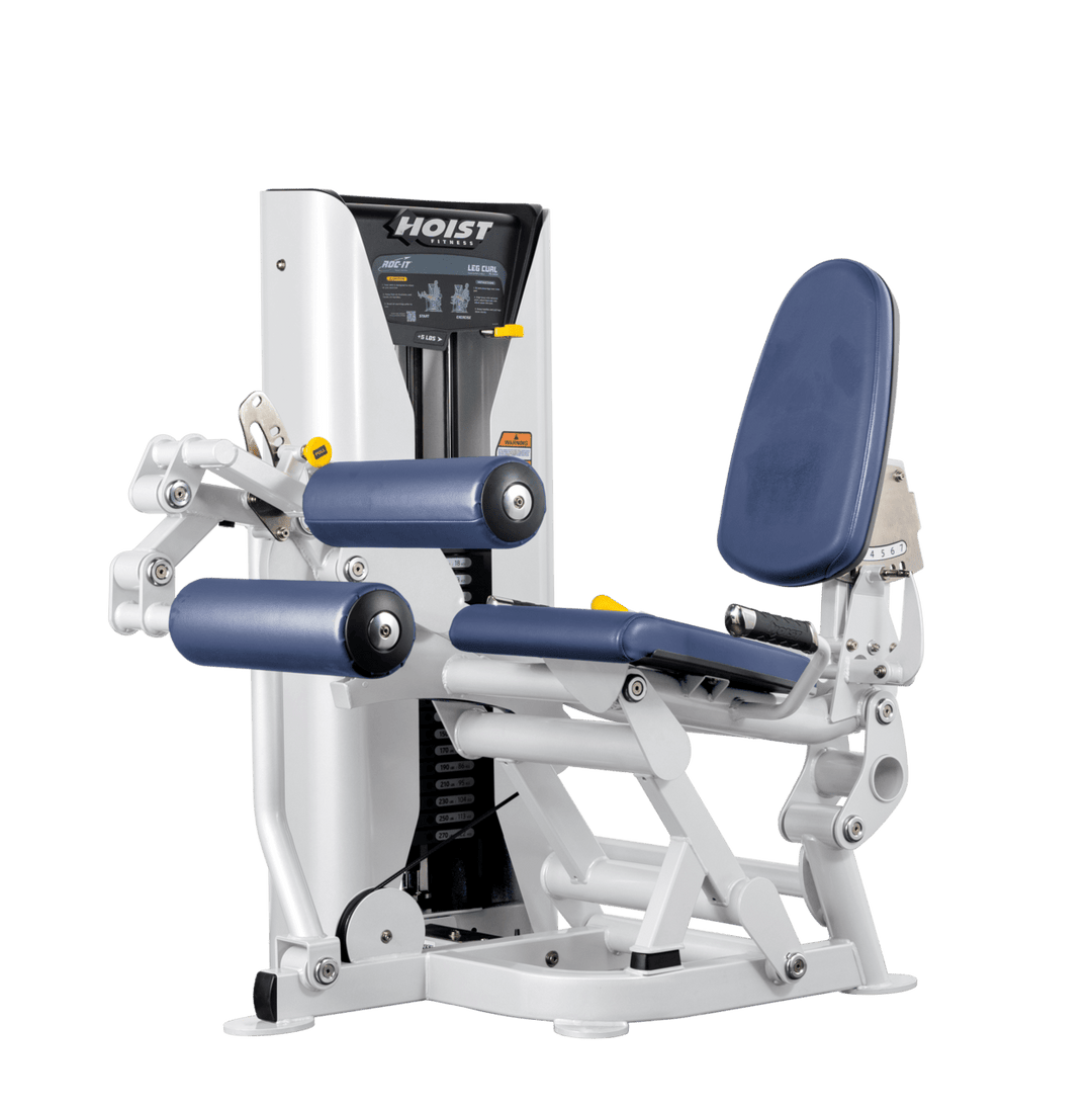 Hoist leg press machine with adjustable seat, padded leg rollers, and selectorized weight stack for lower body strength training