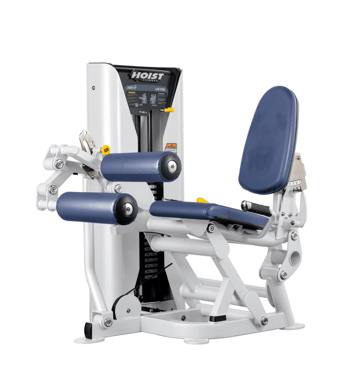 Hoist leg press machine with adjustable seat, padded leg rollers, and selectorized weight stack for lower body strength training