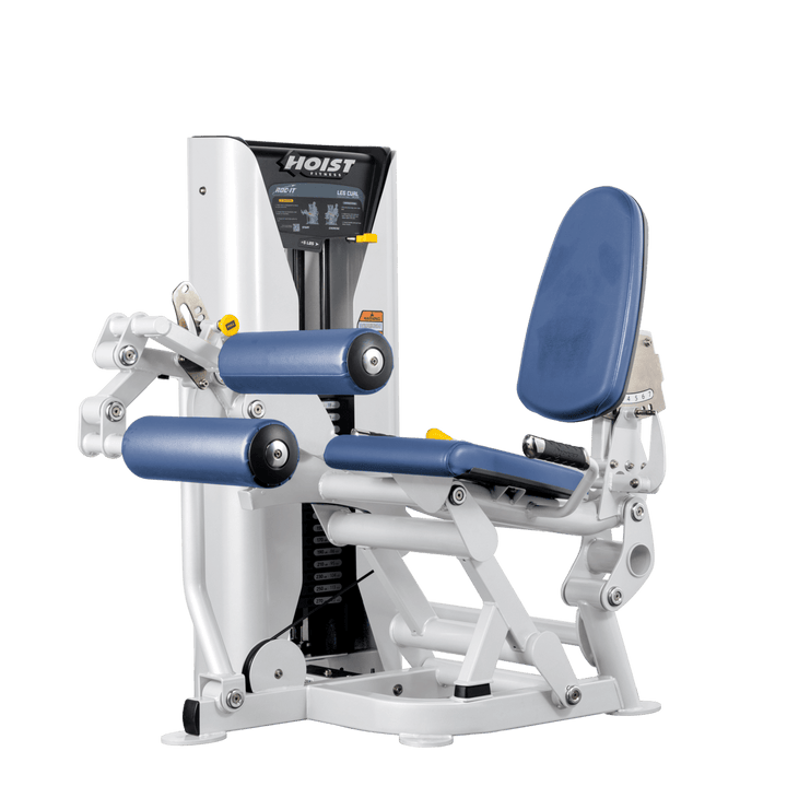 Hoist leg press machine with adjustable seat, padded leg rollers, and selectorized weight stack for lower body strength training