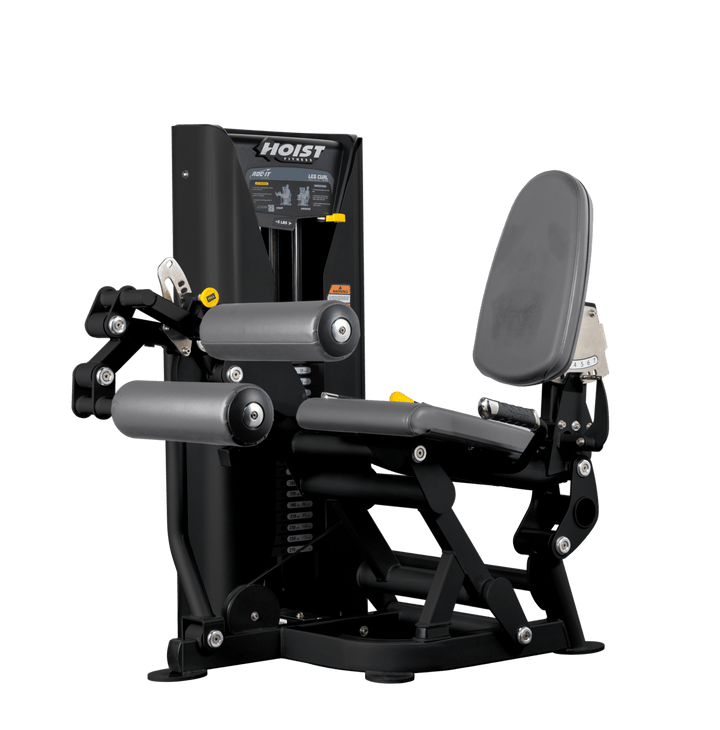 Hoist leg press machine with adjustable seat, padded leg rollers, and selectorized weight stack for lower body strength training