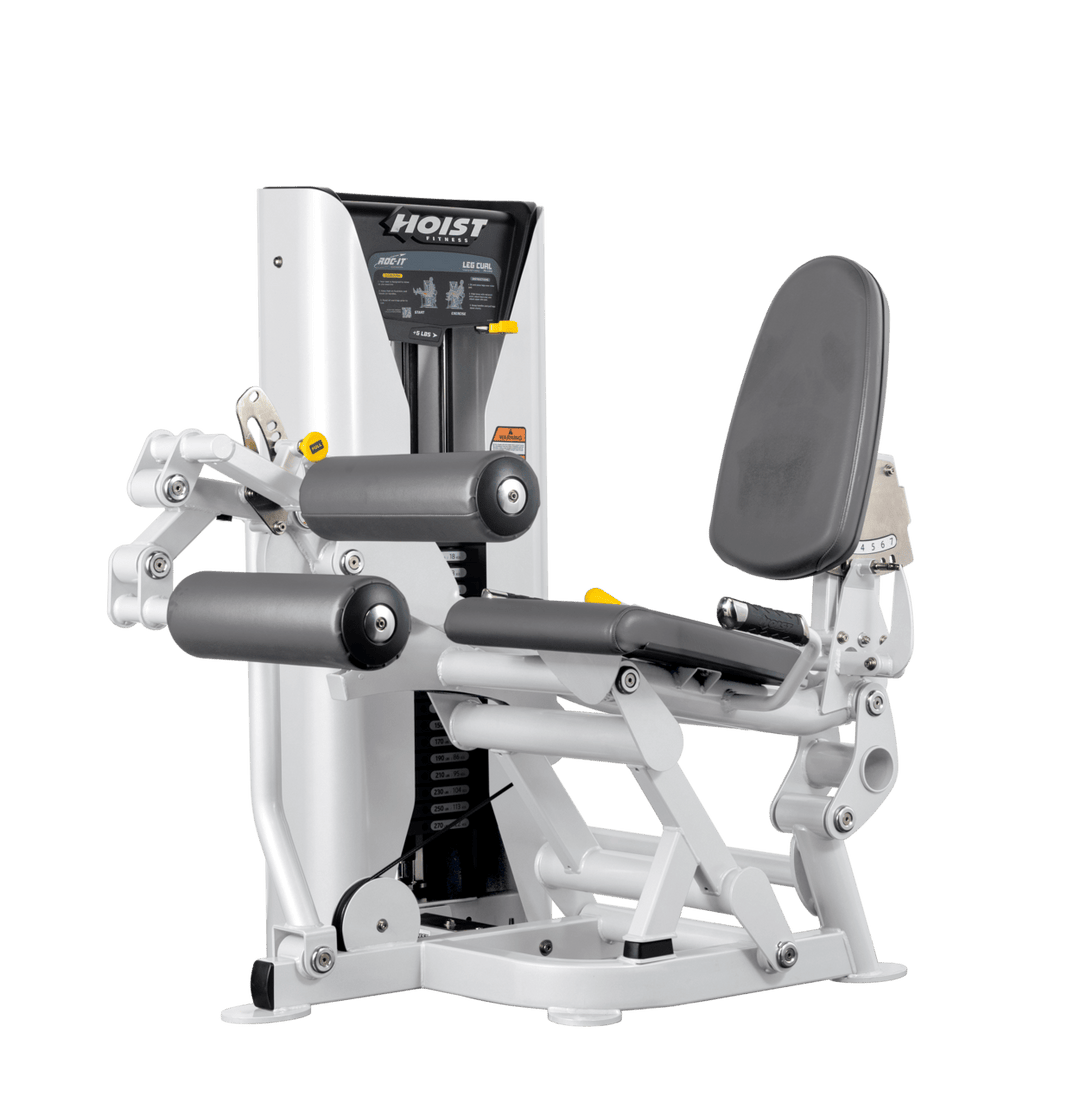 Hoist leg press machine with adjustable seat, padded leg rollers, and selectorized weight stack for lower body strength training