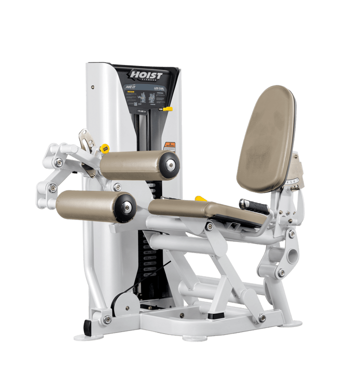 Hoist leg press machine with adjustable seat, padded leg rollers, and selectorized weight stack for lower body strength training