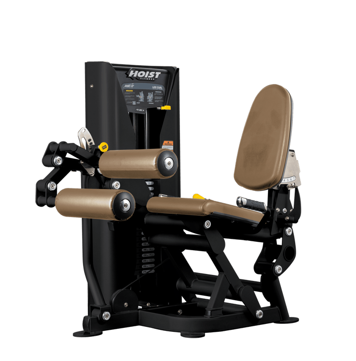 Hoist leg press machine with adjustable seat, padded leg rollers, and selectorized weight stack for lower body strength training