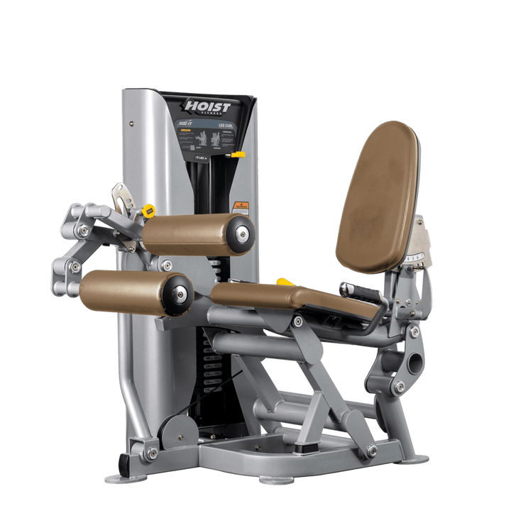 Hoist leg press machine with adjustable seat, padded leg rollers, and selectorized weight stack for lower body strength training