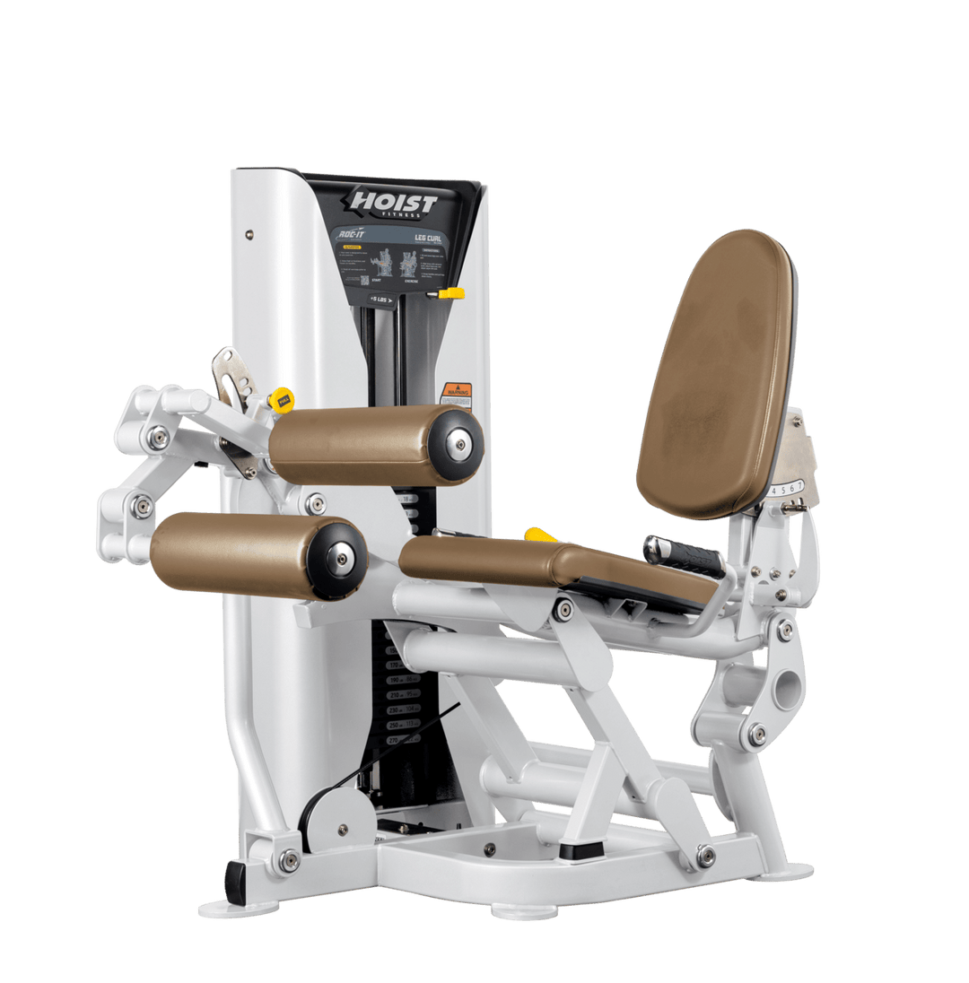 Hoist leg press machine with adjustable seat, padded leg rollers, and selectorized weight stack for lower body strength training