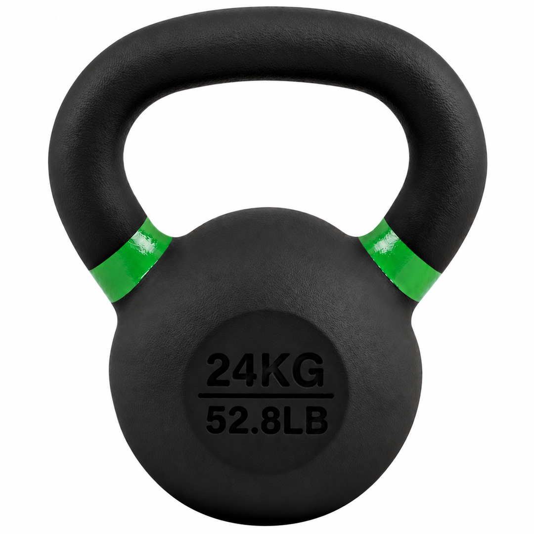Black 24 kg powder coated kettlebell with green weight stripe and 52.8 lb label