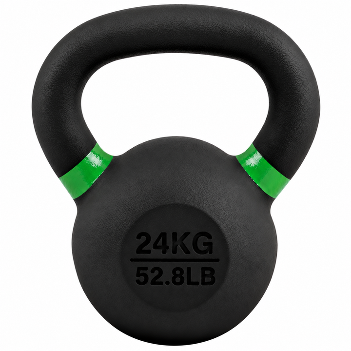 Black 24 kg powder coated kettlebell with green weight stripe and 52.8 lb label